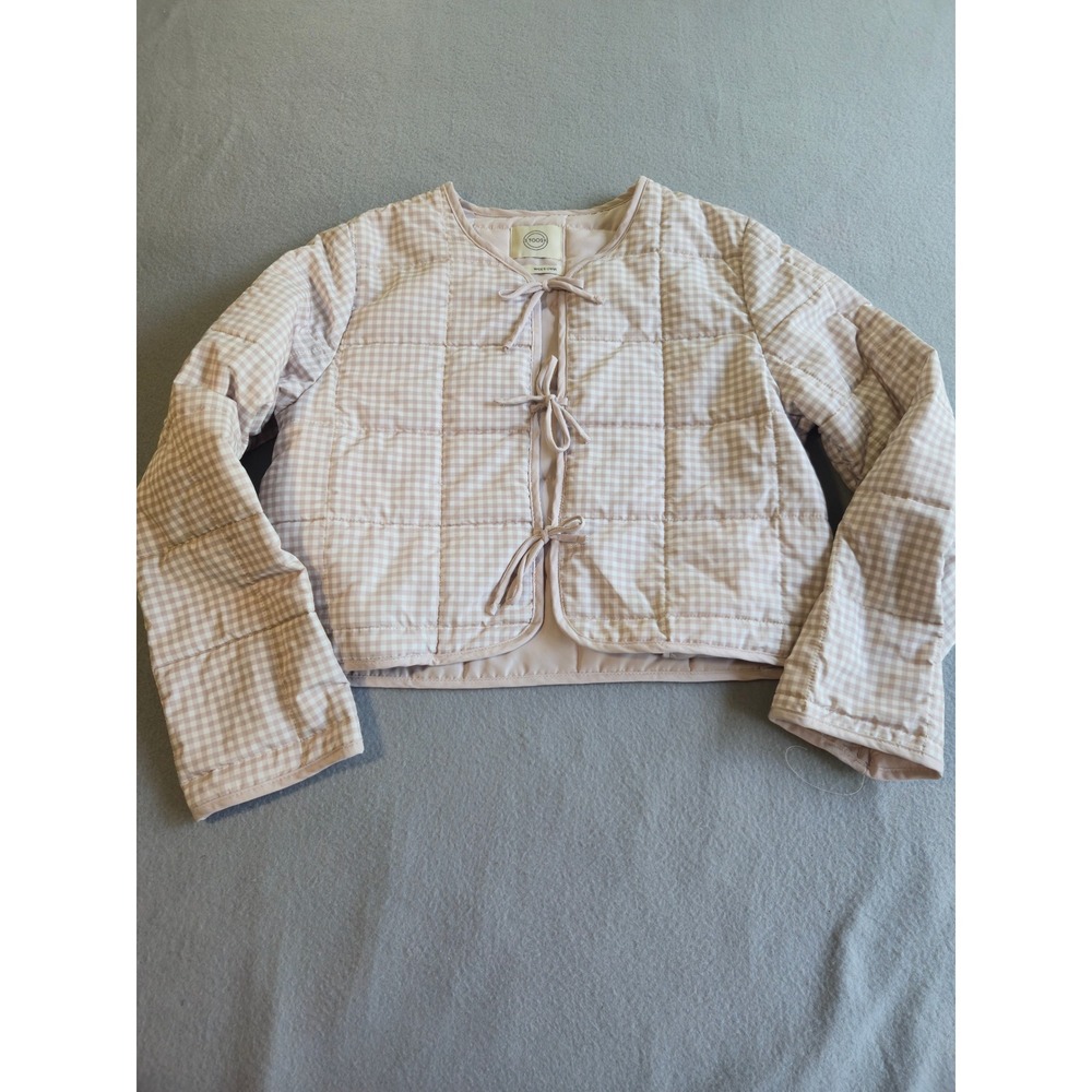 Stoosh Quilted Gingham Jacket Womens Large Tan White Tie Front Cropped Puffer